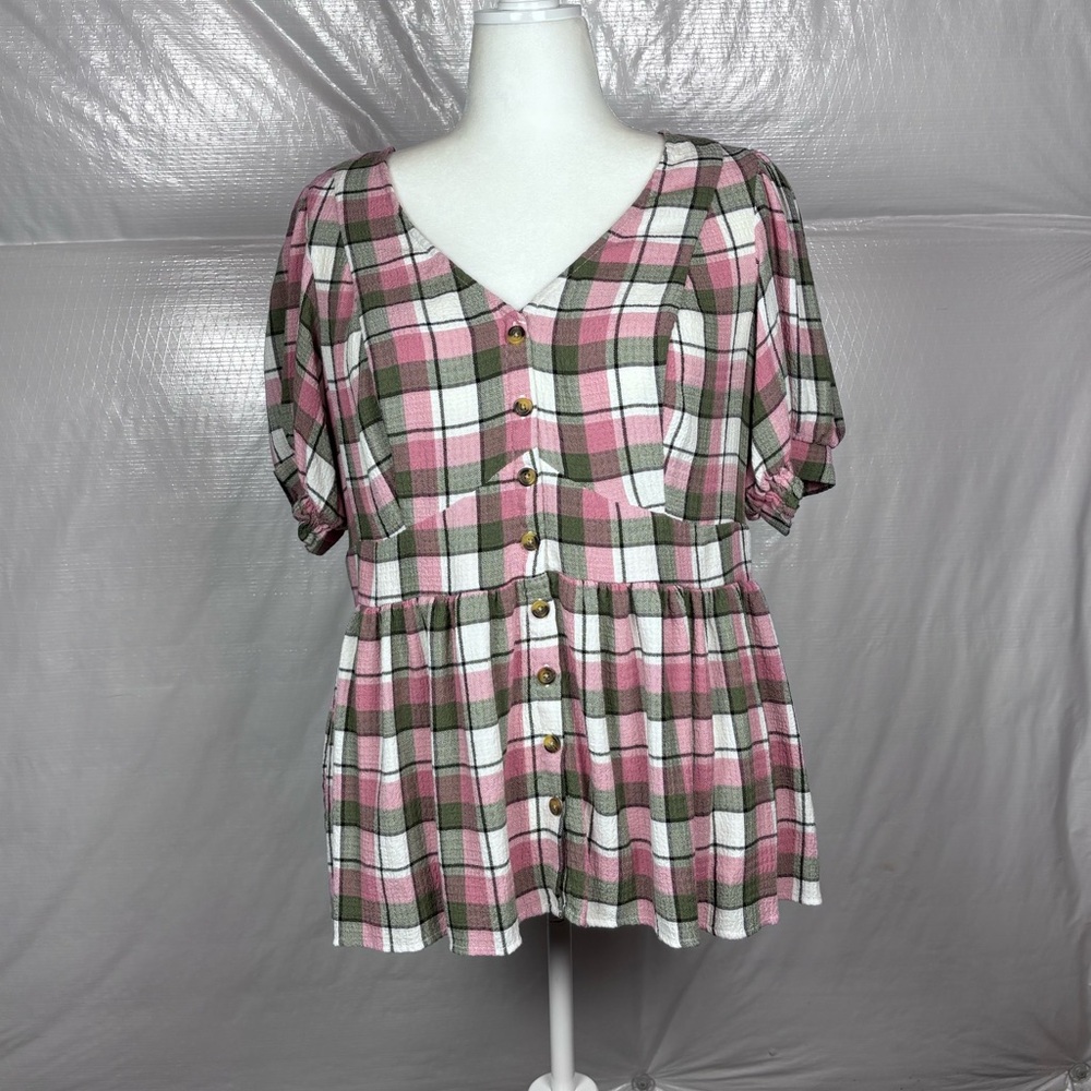 Torrid Plaid Crinkle Gauze Babydoll Peplum Top | Size 1 (14/16) Pink/Olive
